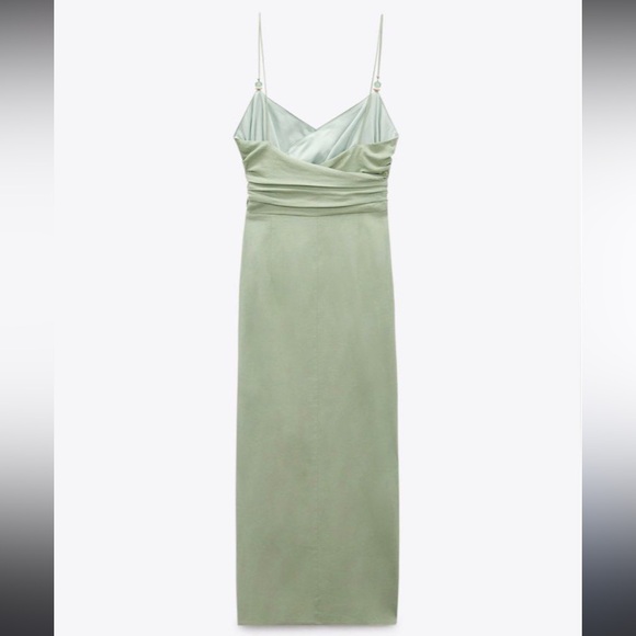 Zara Ruched Linen Blend Midi Dress Sea Green Size XS - Picture 3 of 11